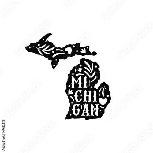 Michigan state map with doodle decorative ornaments. For printing on souvenirs and T-shirts