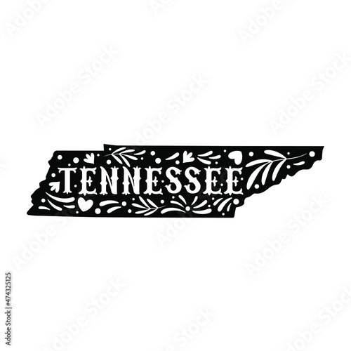 Tennessee state map with doodle decorative ornaments. For printing on souvenirs and T-shirts