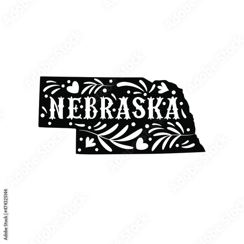 Nebraska state map with doodle decorative ornaments. For printing on souvenirs and T-shirts