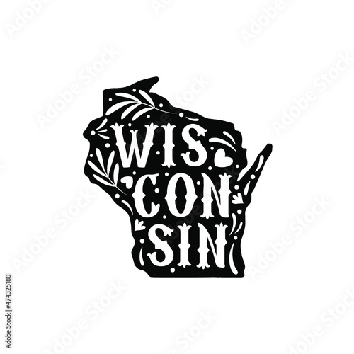 Wisconsin state map with doodle decorative ornaments. For printing on souvenirs and T-shirts