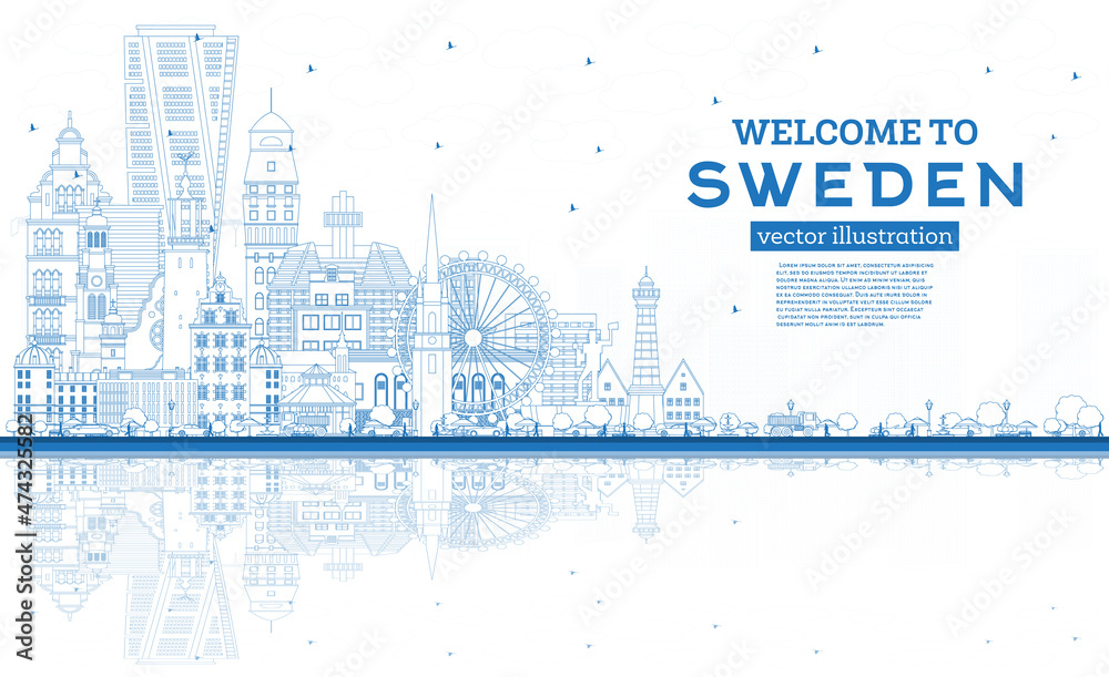 Welcome to Sweden. Outline City Skyline with Blue Buildings and Reflections.