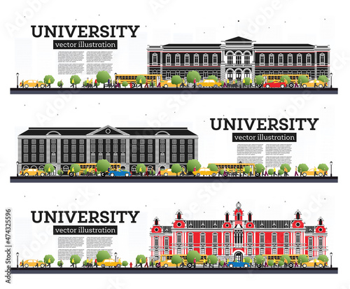 University Campus Set. Study Banners Isolated on White. Vector Illustration. Students Go to the Main Building of University.