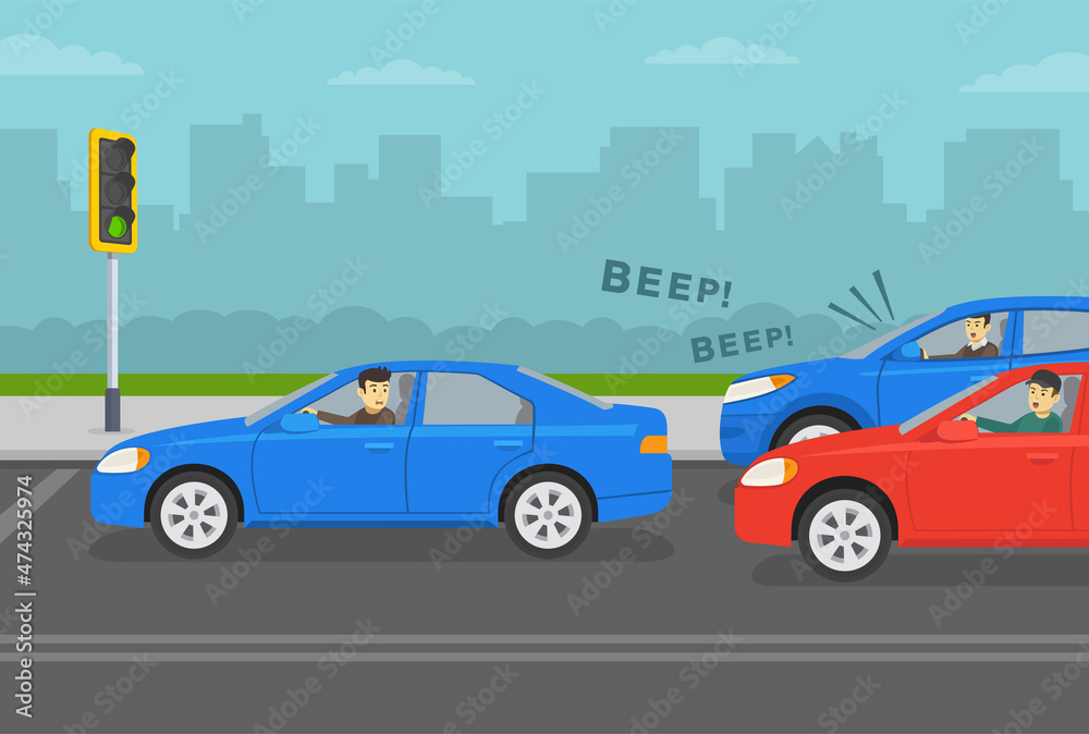 Young inexperienced driver causes traffic jam at a green traffic light