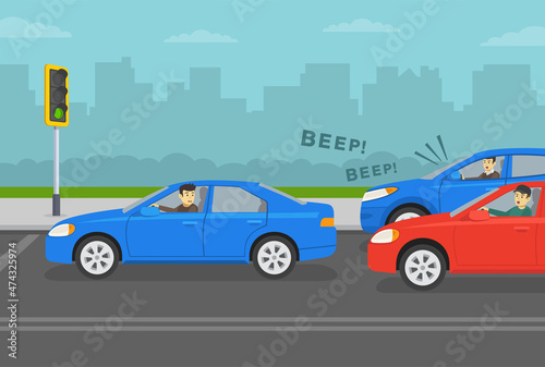 Young inexperienced driver causes traffic jam at a green traffic light. Impatient angry drivers honking and yelling to beginner. Flat vector illustration template.