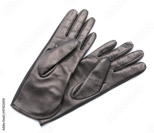 Woman black leather gloves isolated on a white background