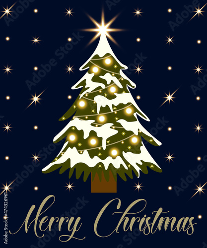 Christmas Tree with snow decorated by golden lights, stars and sparkles on a dark navy blue background with stars scattered around and a merry christmas logog photo