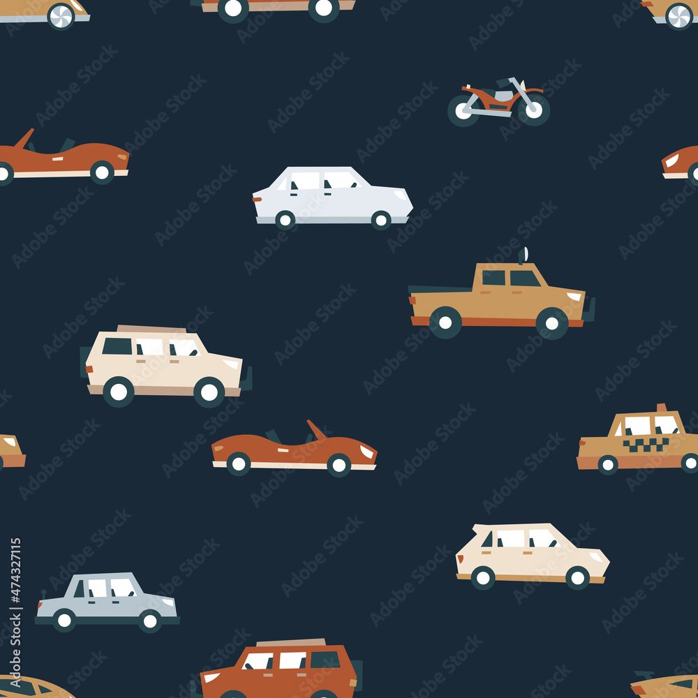 Seamless pattern small cars traffic isolated on dark background, flat style. Cute print, fabric, wallpaper. Vector cartoon Seamless pattern small cars traffic isolated on dark background, flat style. Cute print, fabric, wallpaper. Vector cartoon