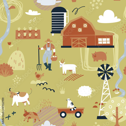 Seamless pattern of farmer works on the farm in the garden. Farm animals and transport in field. Cute print, fabric, wallpaper. Vector cartoon