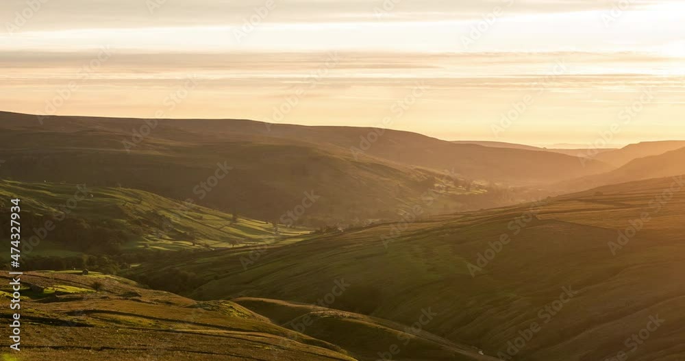 Timelapse clip of sunlight sweeping over a misty valley in north Yorkshire.