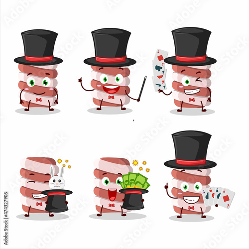 A red marshmallow twist Magician cartoon character perform on a stage