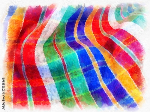 Plaid cloth or loincloth in Thailand, white, blue, red on a white background. watercolor style illustration impressionist painting.
