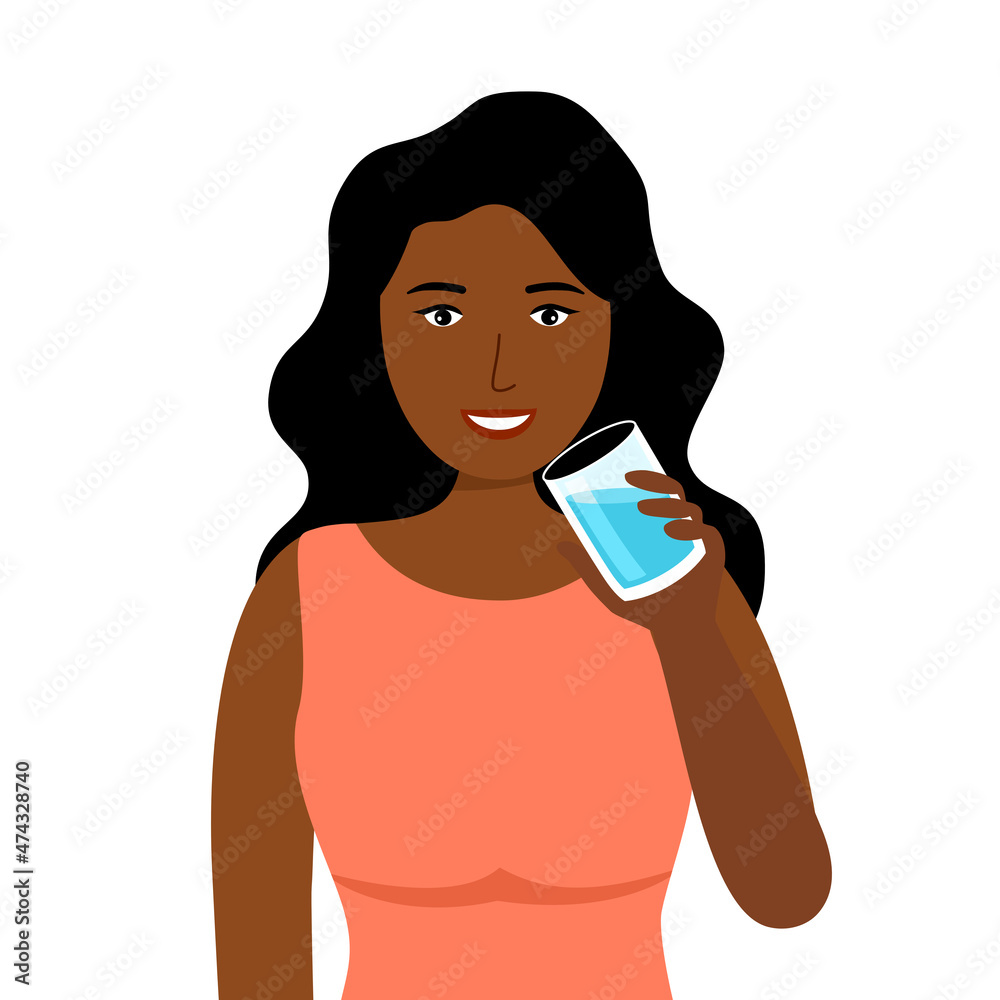 Young African woman drinking water in flat design on white background. Drink more water for good health. Young African woman drinking water in flat design on white background. Drink more water for good health.