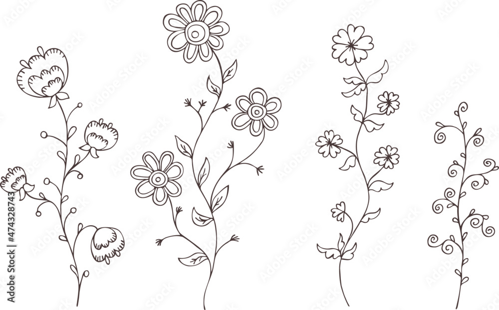 Hand drawn abstract vector set of plants, flowers, herbs. Isolated. Close-up. Eps spring floral vintage art, outline silhouette on transparent background. Template for t shirt, textile, package, label