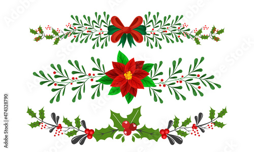 Poinsettia Flower With Berry Branches And Red Bow Ribbon On White Background.