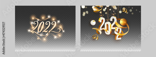2022 Number With Golden Baubles Hang, Star String Lights And Bokeh Effect On Black Png Background In Two Options.