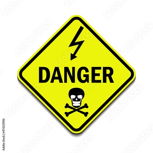 Danger Electrical Hazard High Voltage Sign Isolated, death scull and shock on black triangle over yellow, large macro