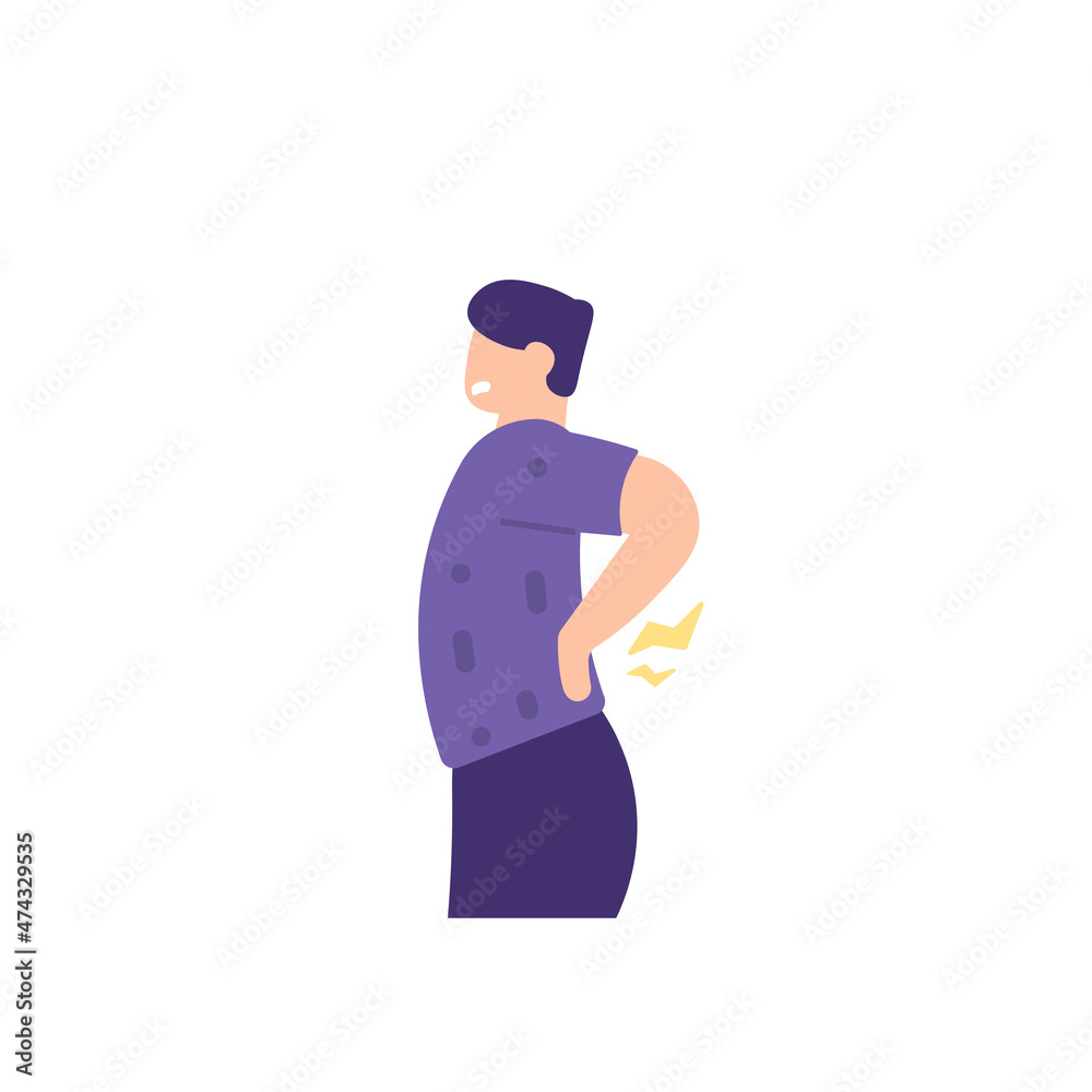 illustration of a person experiencing back pain, rheumatism, spinal pain, muscle aches. flat cartoon style. vector design. body health problems. can be used for elements, landing pages, UI.