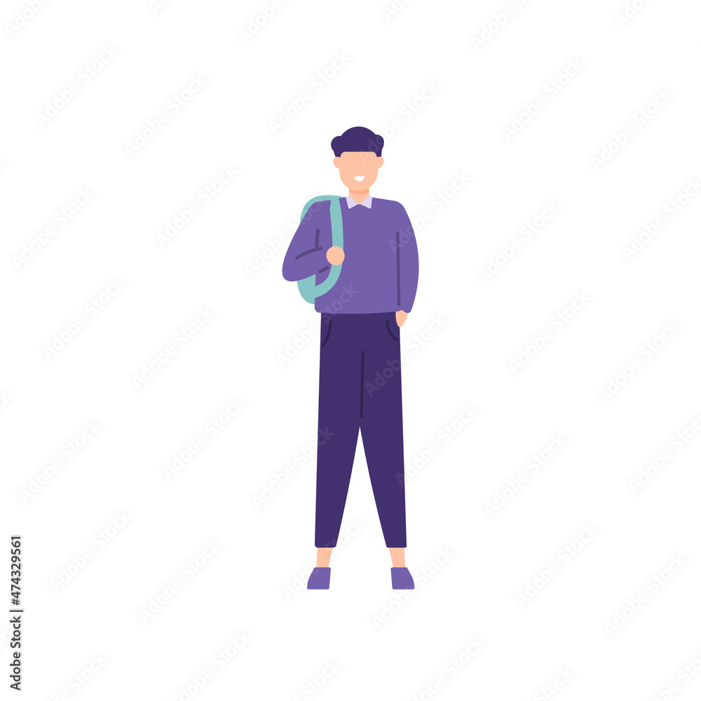 illustration of a male student wearing cool and casual clothes. carrying a bag. outfits and fashion. can be used for elements, landing pages, UI.