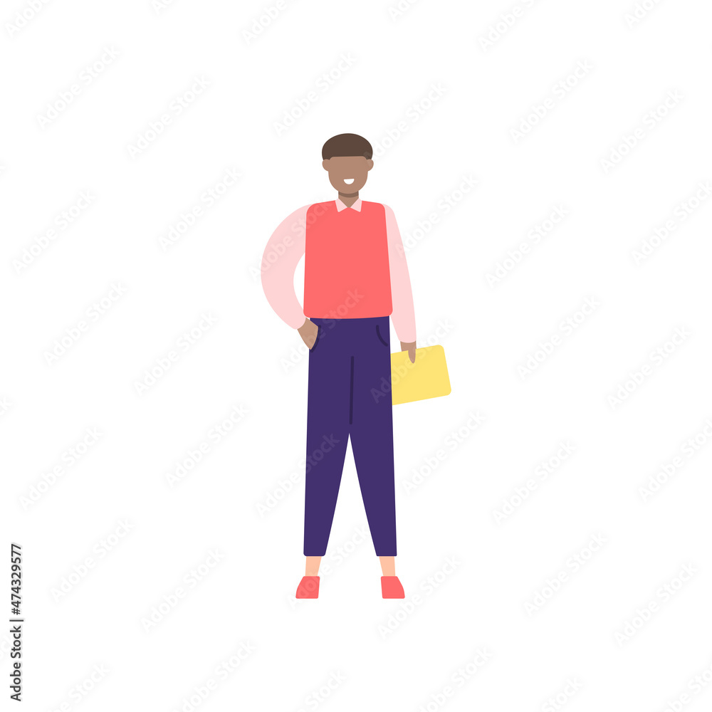 illustration of a male student wearing cool and casual clothes. holding a book. outfits and fashion. can be used for elements, landing pages, UI.