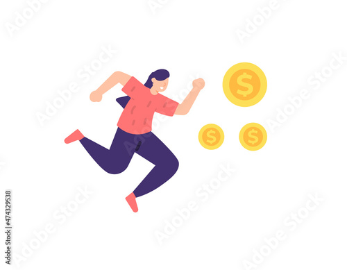 illustration of businesswoman chasing coins. striving for success, chasing dreams, making profits. get as much money as possible. finance and career path. flat cartoon style. vector design