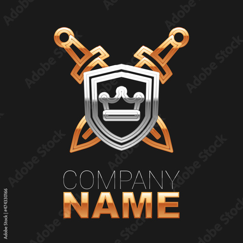 Line Medieval shield with crossed swords icon isolated on black background. Colorful outline concept. Vector
