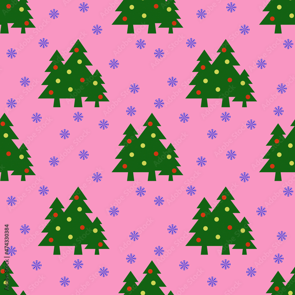 Seamless pattern. Image of green Christmas trees with balls and snowflakes on pastel purple backgrounds. Symbol of New Year and Christmas. Template for applying to surface. 3D image. 3d rendering