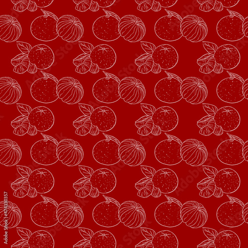 tangerine outline pattern on red background. Vector illustration