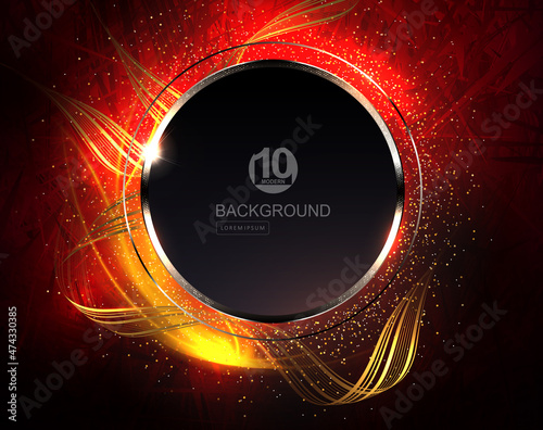 Dark red texture illustration, round border with border, wavy gold-colored ribbons,