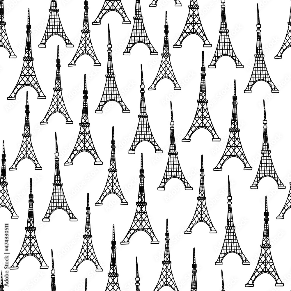 Fototapeta premium seamless pattern with black handdrawn Eiffel Tower on a white background