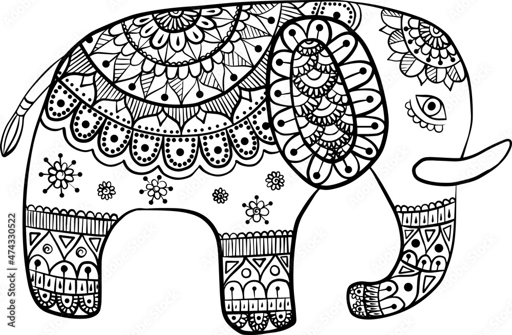 drawing of a cartoon cute ethnic ornate elephant - in color and line art, coloring page
