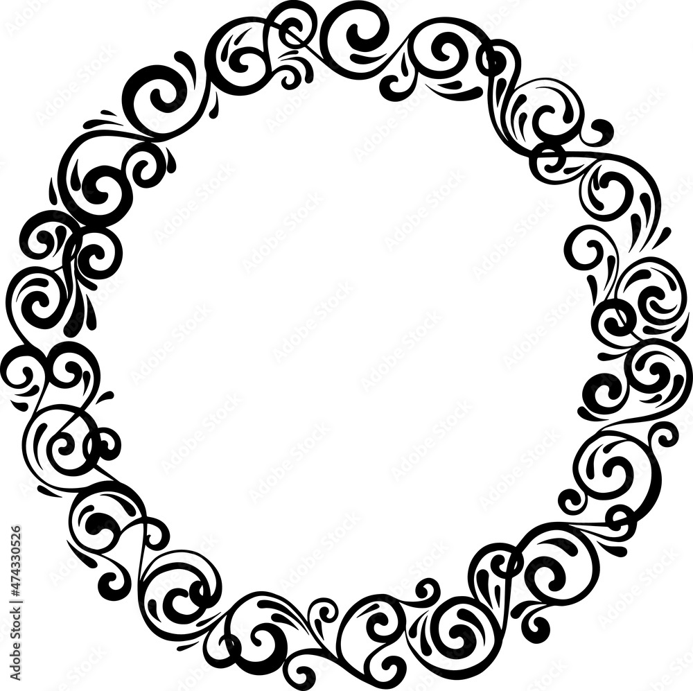 drawing of a round black and white frame with floral ornament on a white background