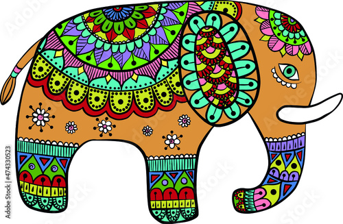 drawing of a cartoon cute ethnic ornate elephant - in color and line art  coloring page
