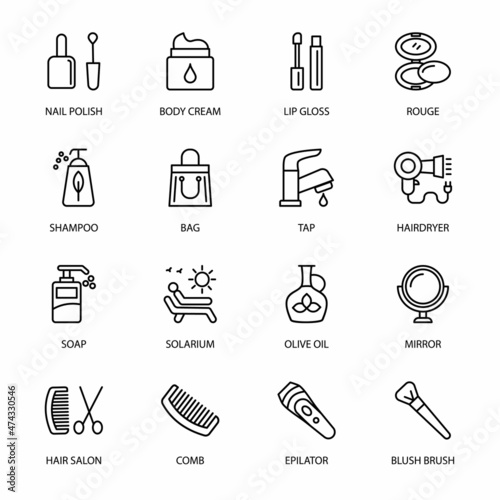 Beauty Salon, Makeup and Cosmetics outline Icons - vector