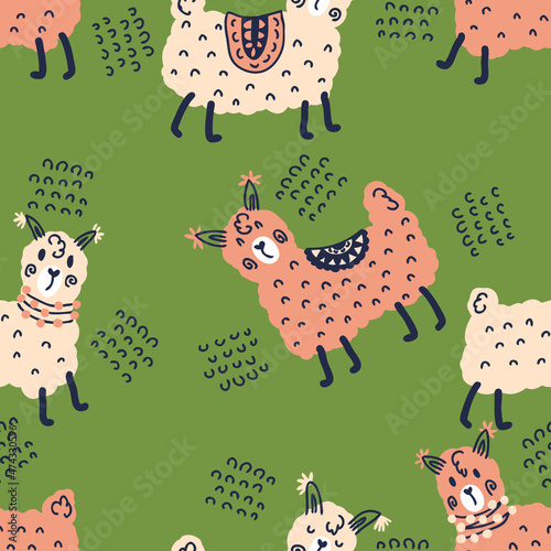 Hand drawn desert seamless pattern of lamas. Perfect for T-shirt, textile and print. Doodle vector illustration for decor and design.

