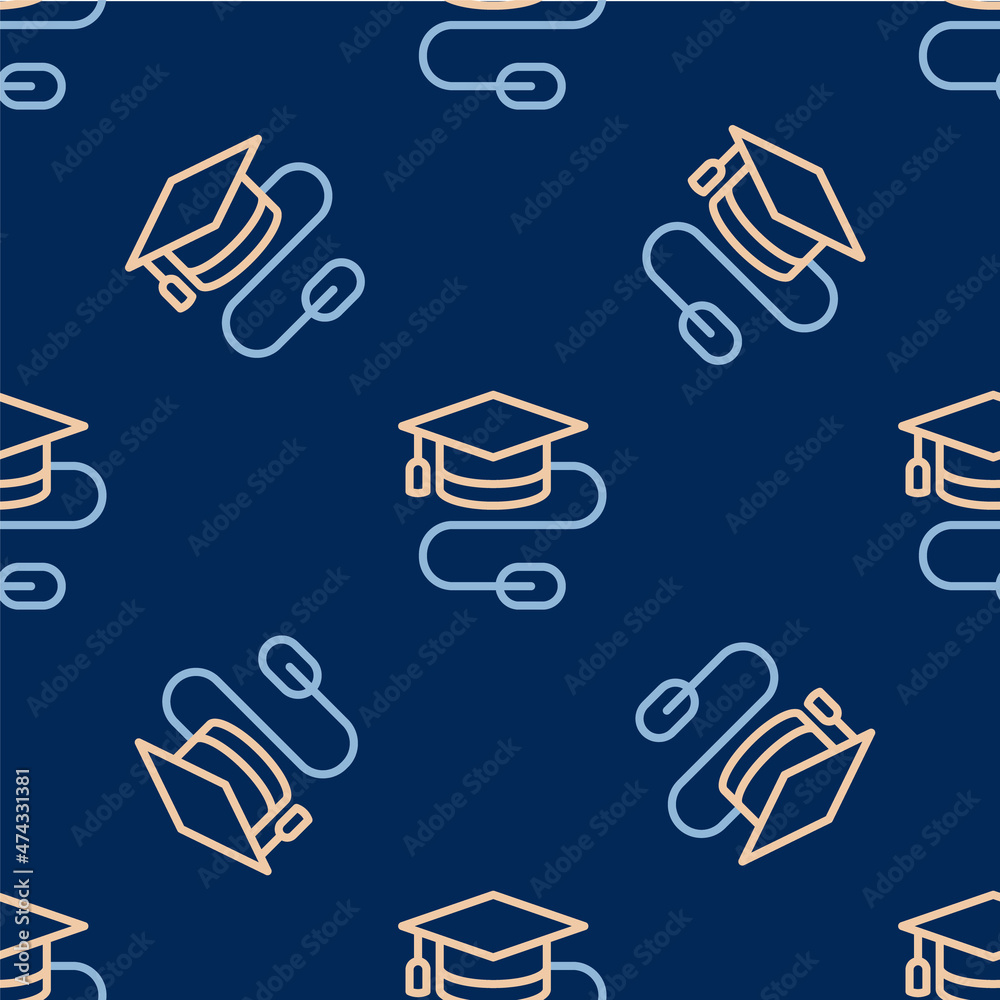 Line Graduation cap with mouse icon isolated seamless pattern on blue background. World education symbol. Online learning or e-learning concept. Vector Line Graduation cap with mouse icon isolated seamless pattern on blue background. World education symbol. Online learning or e-learning concept. Vector