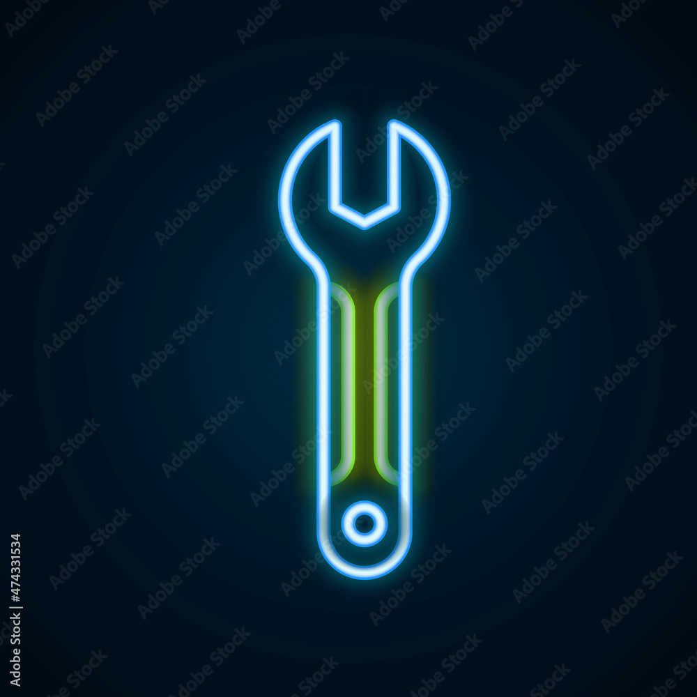 Fototapeta premium Glowing neon line Wrench spanner icon isolated on black background. Spanner repair tool. Service tool symbol. Colorful outline concept. Vector