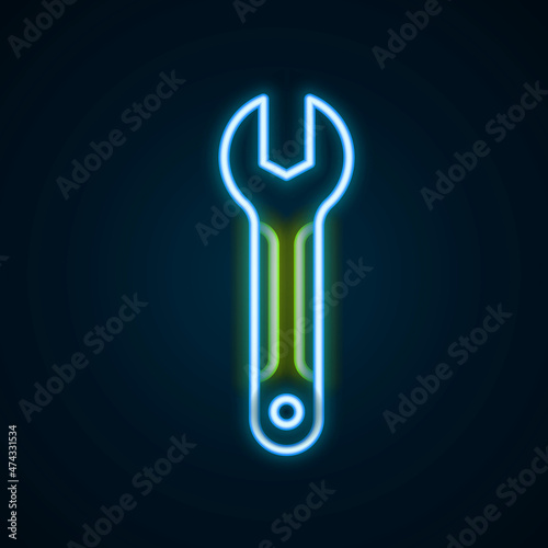 Glowing neon line Wrench spanner icon isolated on black background. Spanner repair tool. Service tool symbol. Colorful outline concept. Vector
