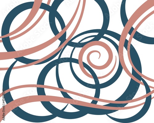Geometric abstract two-color pattern - vector lines on transparent background. Blue and pink circles, waves and spirals intertwine chaotically
