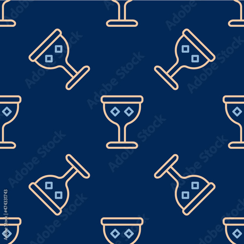 Line Medieval goblet icon isolated seamless pattern on blue background. Holy grail. Vector