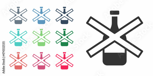 Black No alcohol icon isolated on white background. Prohibiting alcohol beverages. Forbidden symbol with beer bottle glass. Set icons colorful. Vector