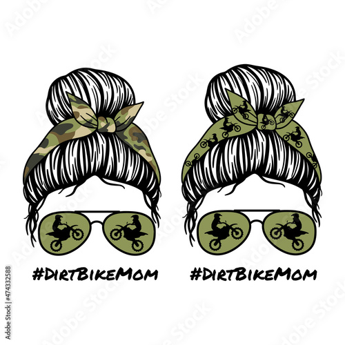 Woman face with aviator glasses bandana and Motorcycle print. Messy Bun Mom Lifestyle. Biker Life.  Vector illustration.  Isolated on white background. Good for posters, t shirts, postcards.