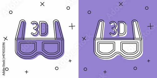 Set 3D cinema glasses icon isolated on white and purple background. Vector