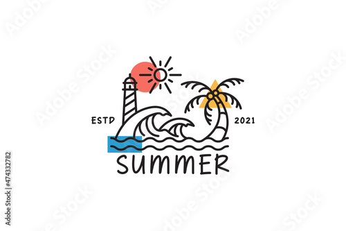 Illustration Beach at Summer Logo Concept. Wave, Ocean, Coconut Tree, Sun, Lighthouse.