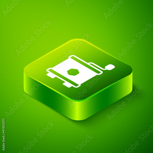 Isometric Honey extractor icon isolated on green background. Mechanical device for honey extraction from honeycombs. Green square button. Vector