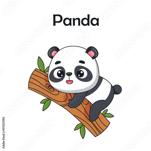 panda is sitting on a tree. Postcard in cartoon kawaii style. Vector for design, banners, children's books and patterns