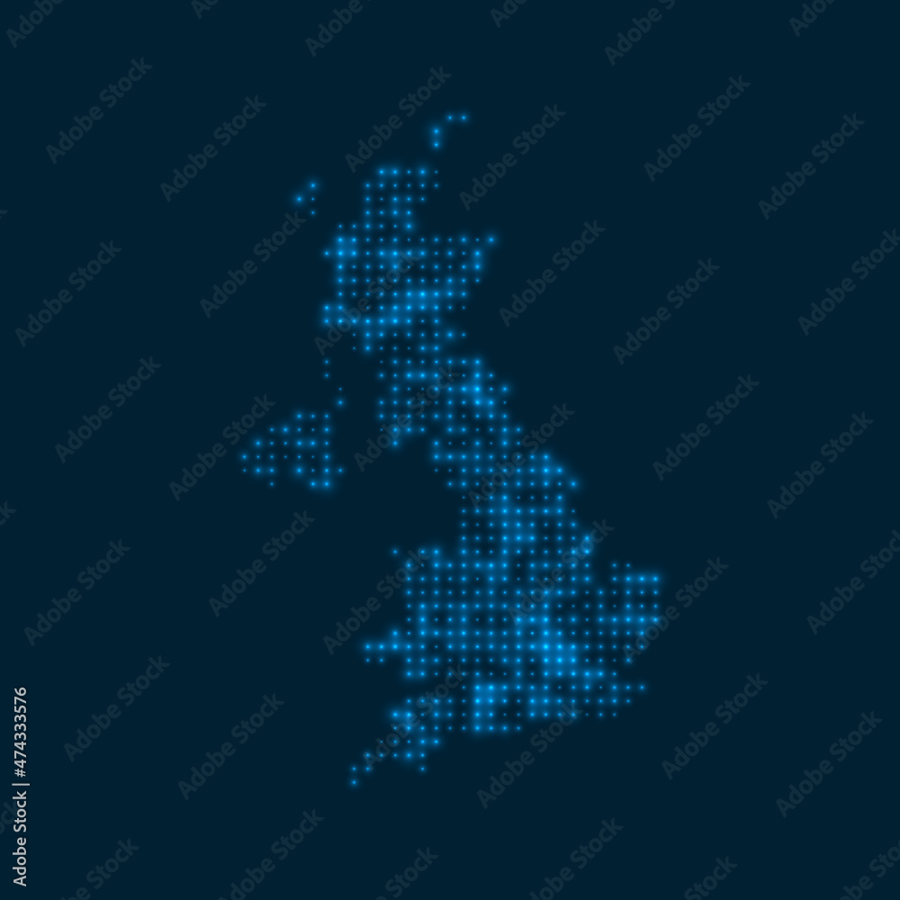 United Kingdom dotted glowing map. Shape of the country with blue bright bulbs. Vector illustration.