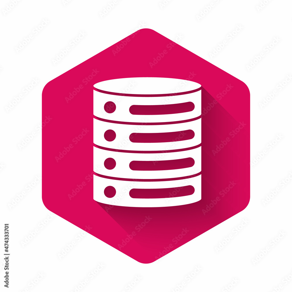White Server, Data, Web Hosting icon isolated with long shadow. Pink hexagon button. Vector White Server, Data, Web Hosting icon isolated with long shadow. Pink hexagon button. Vector