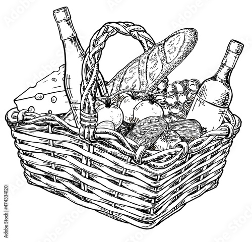 Picnic basket with snack. Hand drawn sketch. Hand drawn illustrations of picnic. Cheese, wine, fruit and french loaf in a wicker basket.
