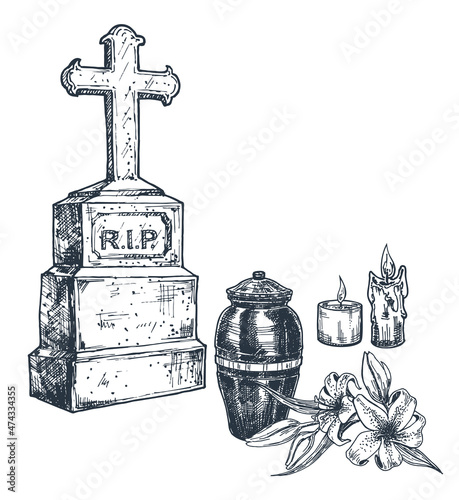 Funeral service elements hand drawn vector illustration collection. Engraved tombstone, cross, candle, and white lily flowers vintage sketch. Bereavement, sorrow and cemetery concept