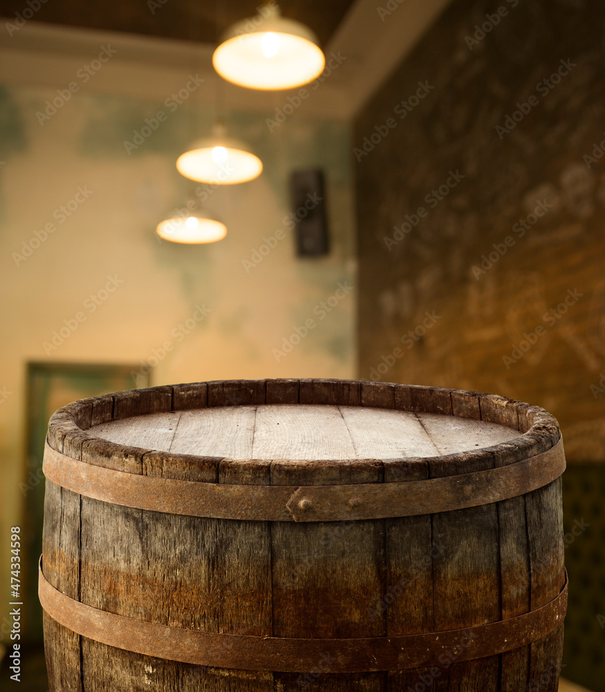 Fototapeta premium Wooden barrel for wine with steel ring. Clipping path included.